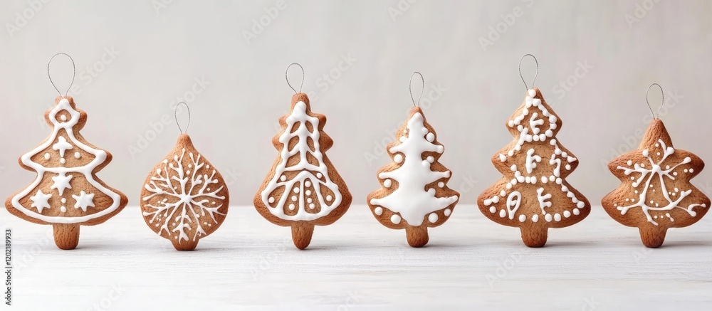 Poster gingerbread christmas ornaments in various shapes on a light background with copy space for text pla