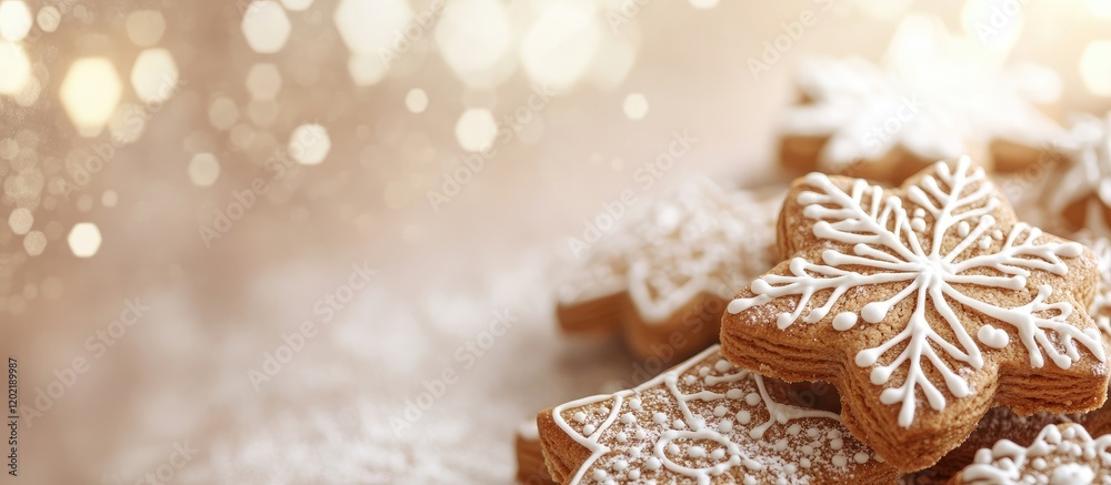 Aufkleber gingerbread cookies in star shapes with icing on festive background with bokeh lights and copy space