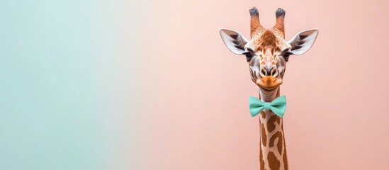 Fototapeta premium Giraffe with bow tie on pastel gradient background with copy space for text