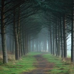 Naklejka premium Misty forest path lined with tall trees creating a natural tunnel effect with lush green grass and soft fog Copy Space