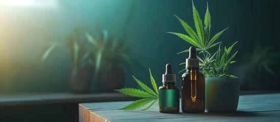 Glass bottles of cannabis oil with dropper tops on wooden table surrounded by green plants and sunlight Copy Space