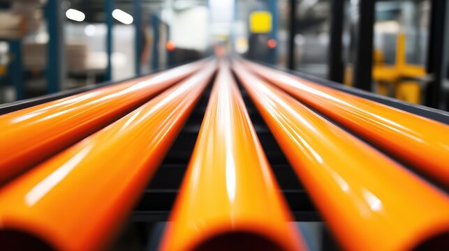 Industrial warehouse interior with multiple orange pipes arranged in parallel on a conveyor system with blurred background and Copy Space