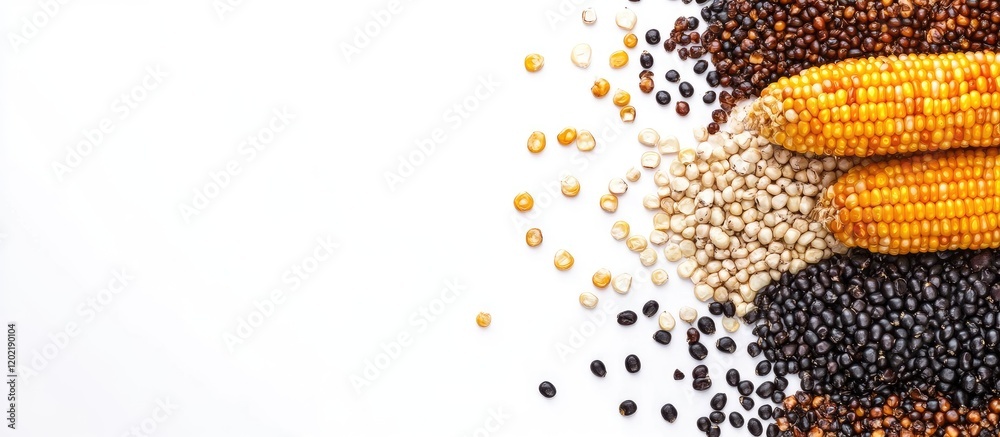 Aufkleber diverse assortment of grains including corn, beans, and seeds on white background with copy space fo