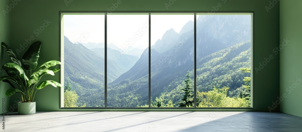 Aufkleber modern interior with large windows showcasing mountain landscape and greenery in a minimalistic sett