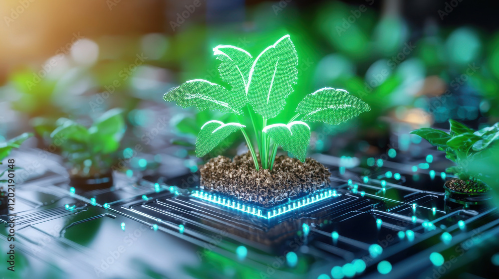 Poster digital farming platform showcasing vibrant green plants on circuit board, symbolizing fusion of tec