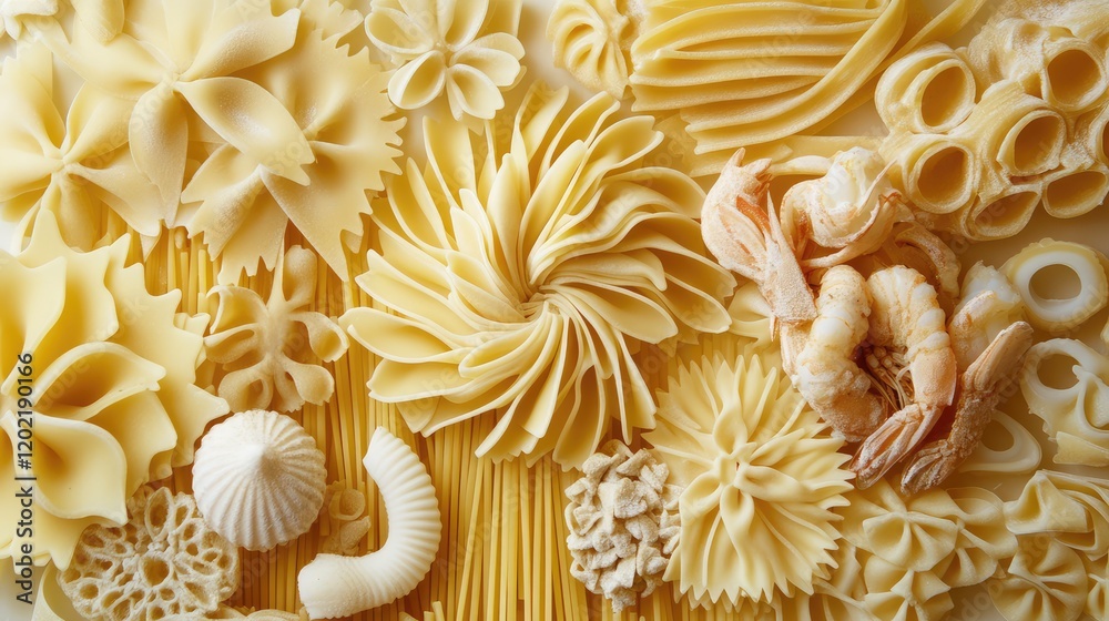 Aufkleber variety of uncooked pasta shapes arranged artistically with shrimp on wooden background, includes co