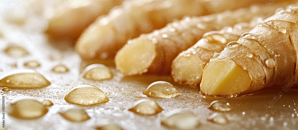 Poster Fresh ginger root with water droplets on a textured surface showcasing details and Copy Space for text.