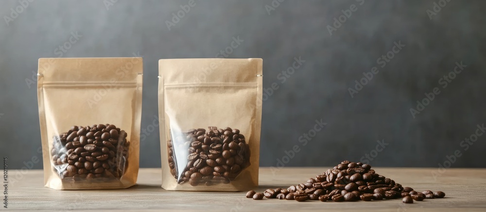 Poster two transparent bags of coffee beans on a wooden surface with scattered beans and a textured gray ba