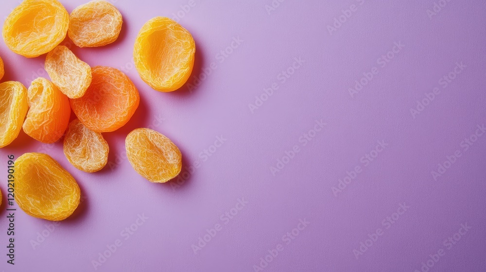 Poster dried apricots scattered on a purple background with ample copy space for text.