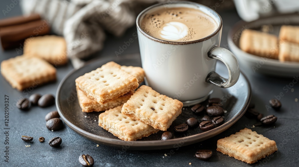 Aufkleber coffee cup with frothy milk on a dark table alongside butter biscuits and coffee beans with copy spa