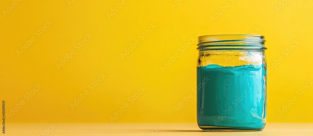 Poster bright yellow background with a glass jar filled with turquoise paint showcasing vibrant colors and 
