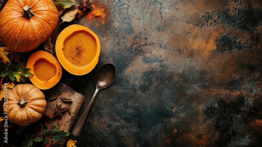 Aufkleber autumn still life with pumpkins and squash on rustic wooden table with spoon and leaves copy space f