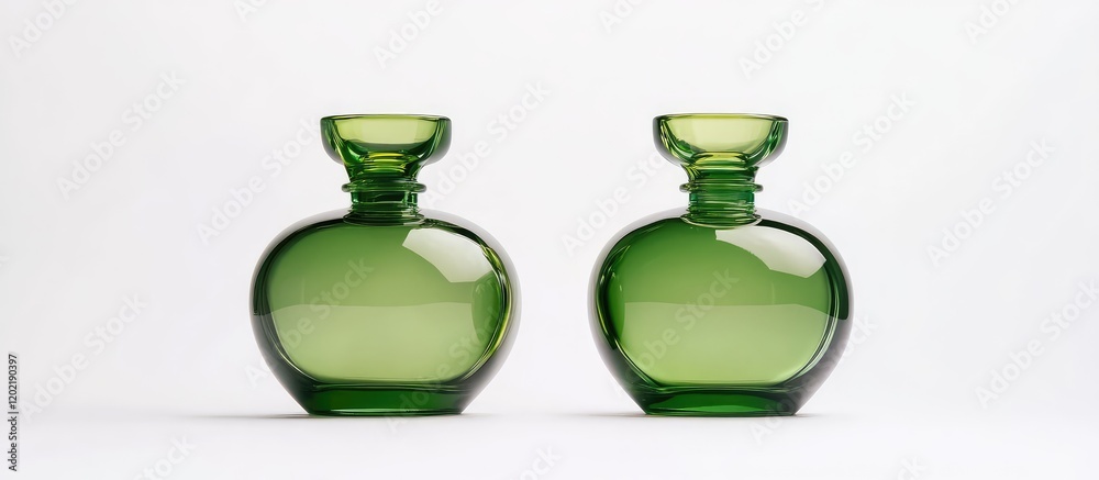 Poster two green glass vases with round bodies and narrow necks on a white background with copy space