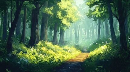 Obraz premium Lush green forest landscape with sunlight filtering through trees and a winding path surrounded by flowers Copy Space