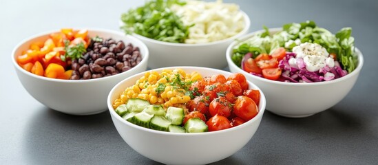 Bowl of fresh ingredients including cherry tomatoes, black beans, corn, cucumber, and mixed greens with copy space