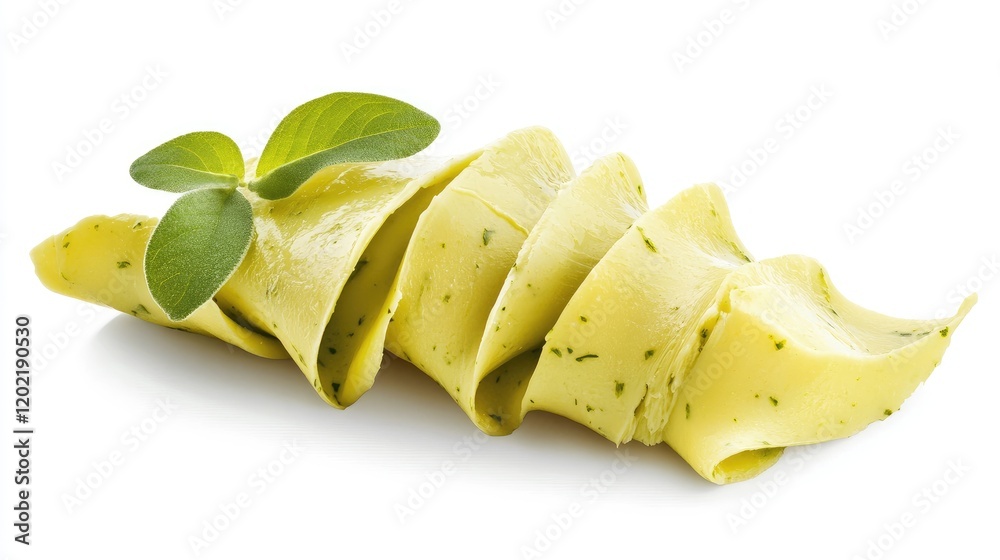Poster sliced decorative butter with herbs and leaves on white background with copy space