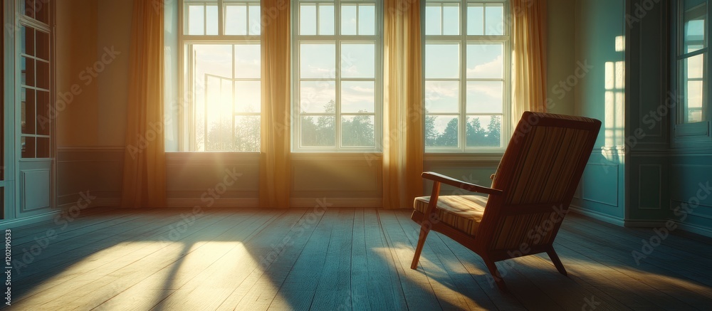 Poster empty room with wooden chair illuminated by sunlight through large windows copy space