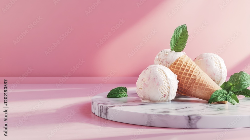 Poster Ice cream cones with mint leaves displayed on a marble board against a pink background with Copy Space for text placement
