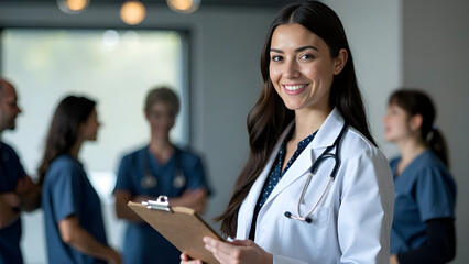 A skilled female doctor is confidently holding a tablet in front of an attentive group of doctors and nurses who are gathered together