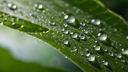 Macro shot of dewdrops on a green leaf, reflecting light for a natural and fresh effect.

