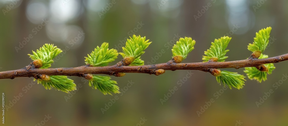 Poster new growth of green coniferous leaves on a branch with blurred forest background and ample copy spac