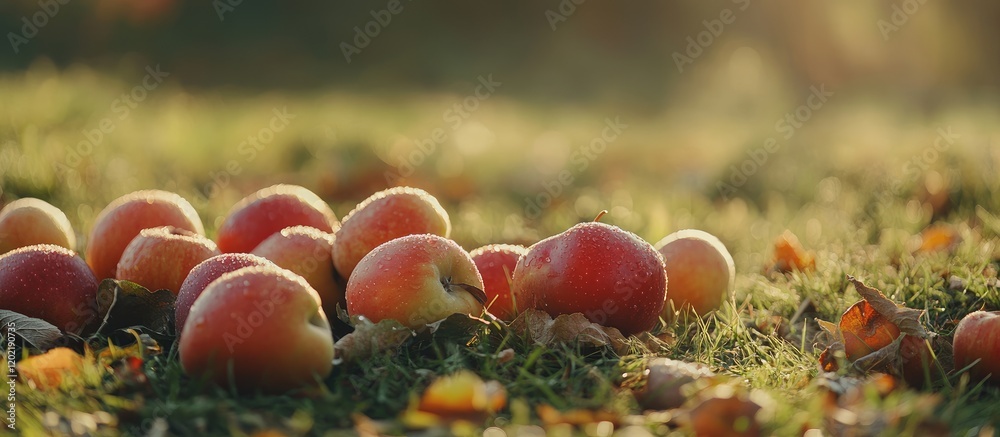 Poster Ripe red apples scattered on grass in autumn setting with warm golden sunlight and a soft bokeh background Copy Space