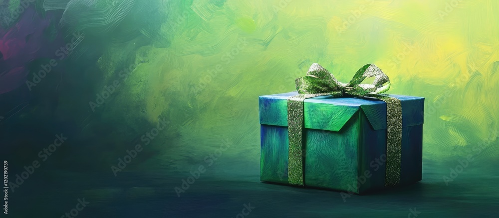 Poster colorful wrapped gift box on a textured green background with copy space for text