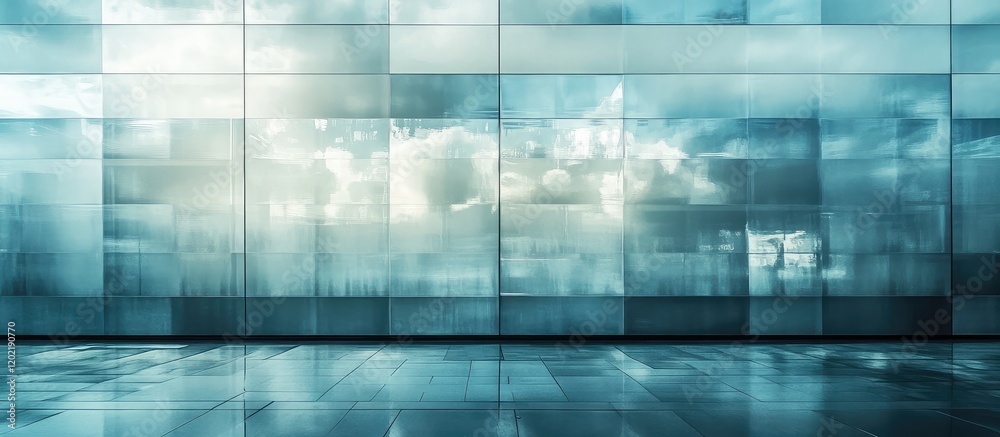 Poster Abstract modern glass wall with reflections and cloudy sky, urban architecture background with copy space for text or design elements.