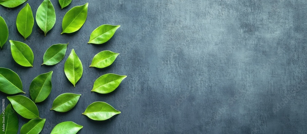 Poster Green leaves arranged on a textured dark background with Copy Space for text placement