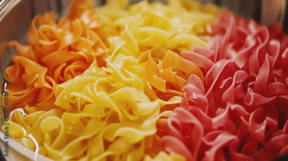 Poster colorful assortment of uncooked pasta noodles in yellow orange and red arranged in a bowl with copy 