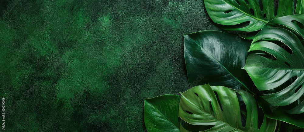 Poster lush green tropical leaves on dark textured background with copy space for text or graphics ë””ìžì
