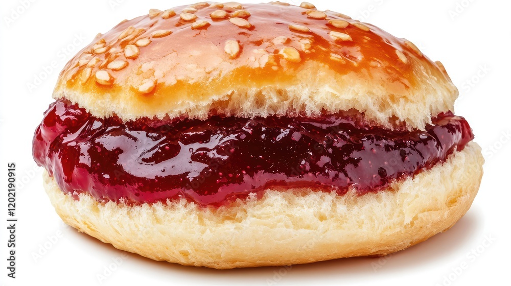 Aufkleber sesame topped donut with jam filling on a white background with copy space