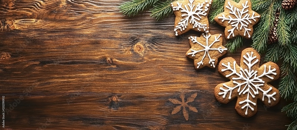 Poster gingerbread cookies in snowflake and star shapes on a wooden background with pine branches and copy 