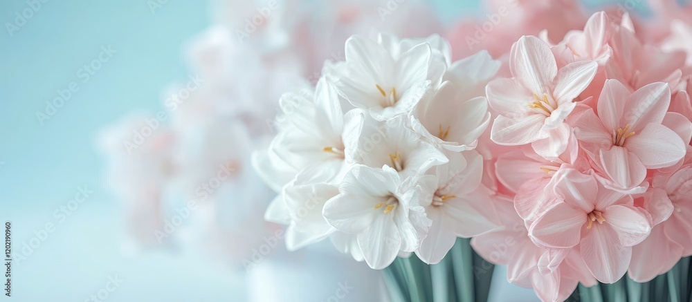 Poster Soft pastel colored flowers in a vase with a blurred background and ample Copy Space for text placement.