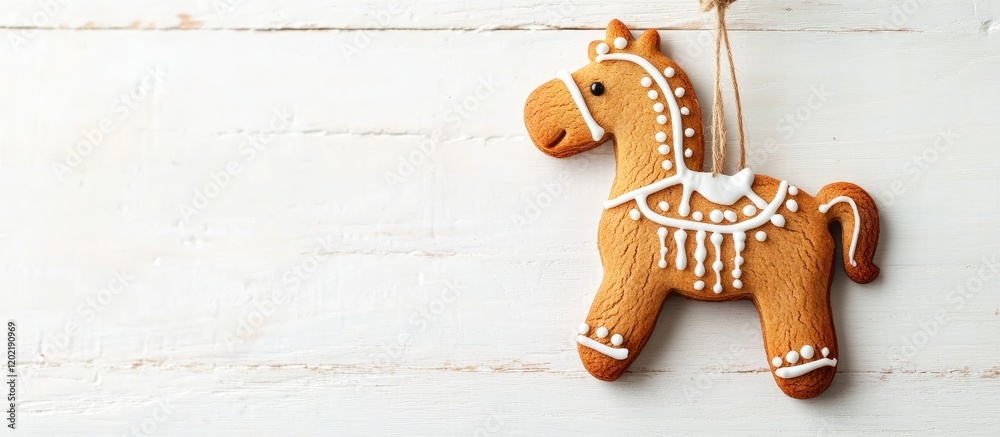 Poster gingerbread horse ornament on a rustic wooden background with copy space for text