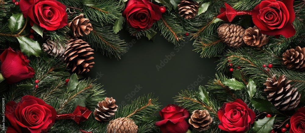 Poster christmas wreath with red roses pinecones and green foliage on dark background with copy space for t