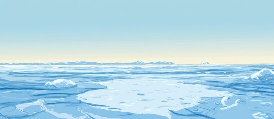 Cold icy landscape with soft blue tones featuring floating icebergs and a clear sky Copy Space