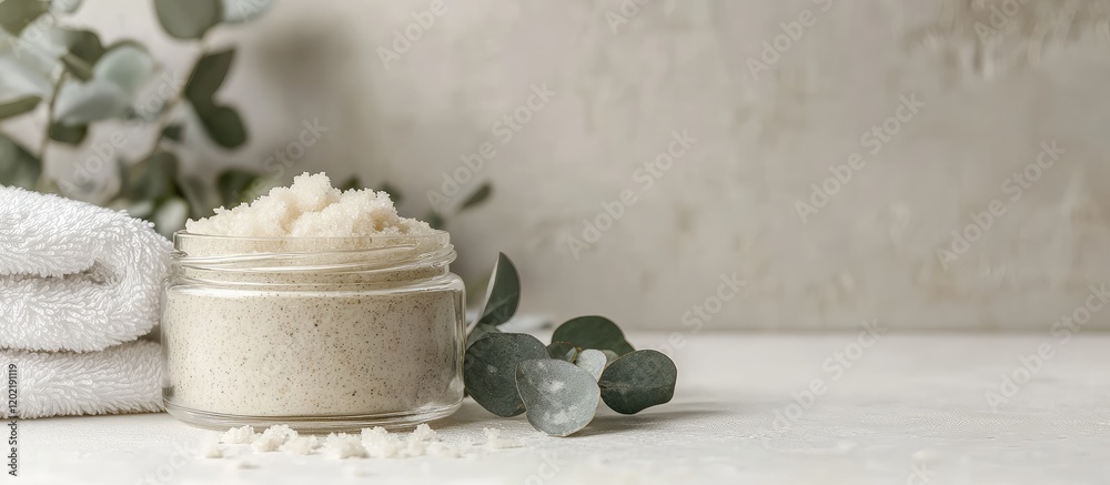 Poster natural spa setting with exfoliating body scrub in glass jar surrounded by soft towels and green lea