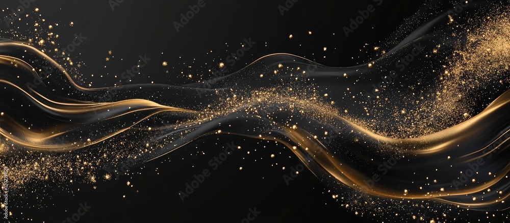 Poster elegant abstract background with flowing golden waves and sparkles on a black backdrop with copy spa