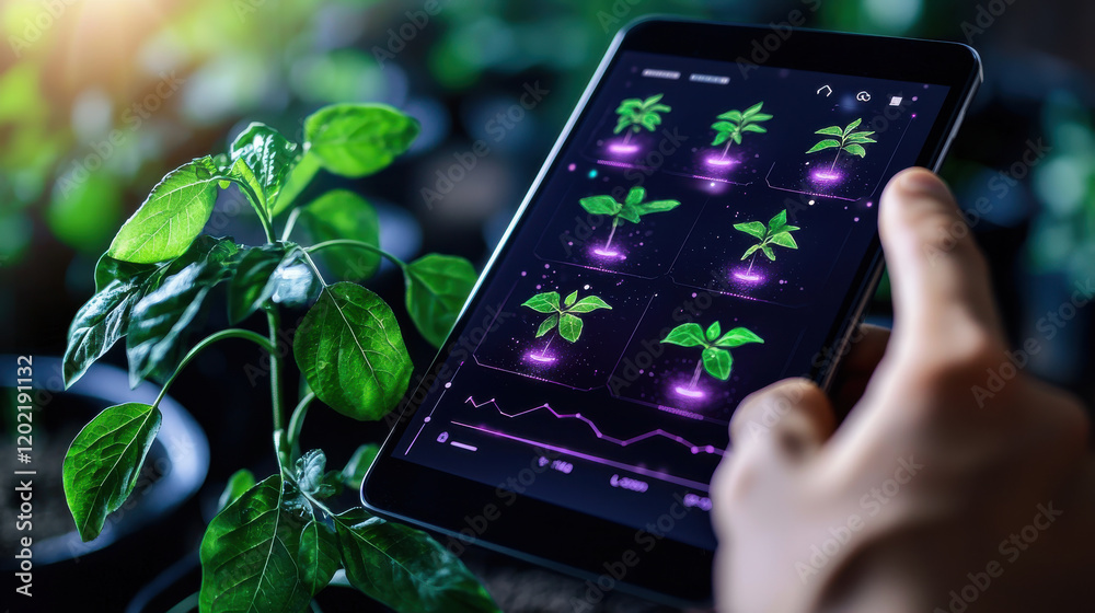 Aufkleber smart farming dashboard displayed on tablet, showcasing plant growth data and analytics. vibrant interface highlights various plants, emphasizing technology in agriculture