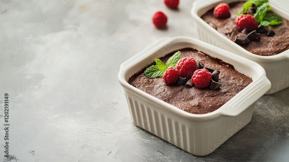 Poster chocolate dessert in ramekins topped with raspberries and mint leaves on a textured gray background 