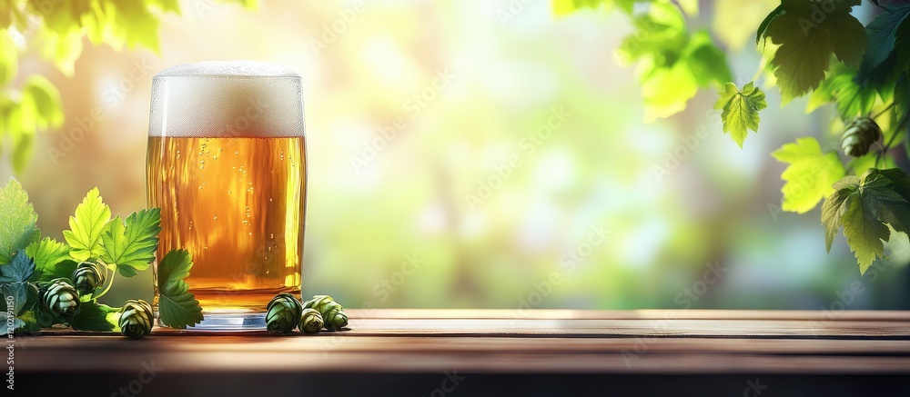 Aufkleber Glass of beer with foam on a wooden table surrounded by green leaves and soft blurred background with copy space for text