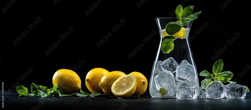 Poster fresh lemons with ice cubes and mint leaves in a glass pitcher on a dark background with copy space