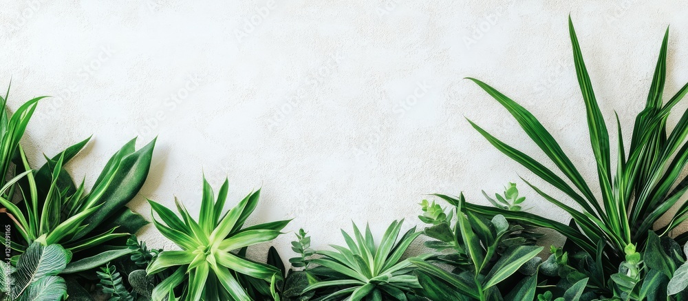 Aufkleber green succulent and tropical leaves frame with copy space on a textured light wall background suitab