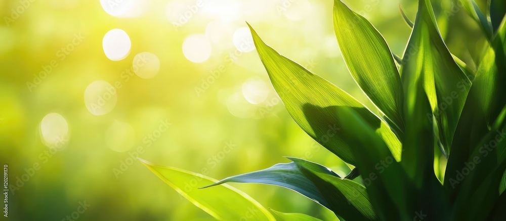 Poster close-up of green plant leaves with sunlight shining through, bokeh background and soft focus, natur