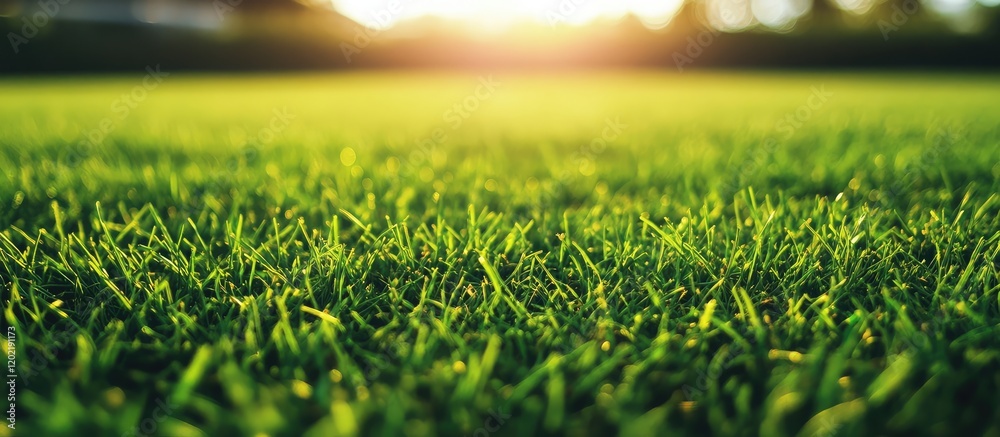 Aufkleber Green grass field with sunlight illuminating the background and soft focus foreground. Copy Space available for text placement.