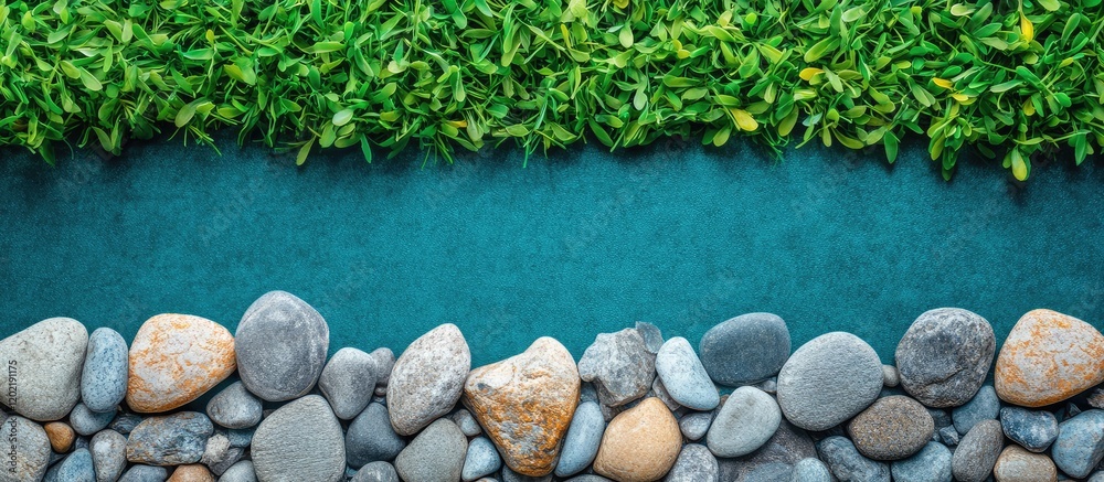 Poster green foliage above a calm turquoise body of water bordered by smooth gray stones with copy space fo