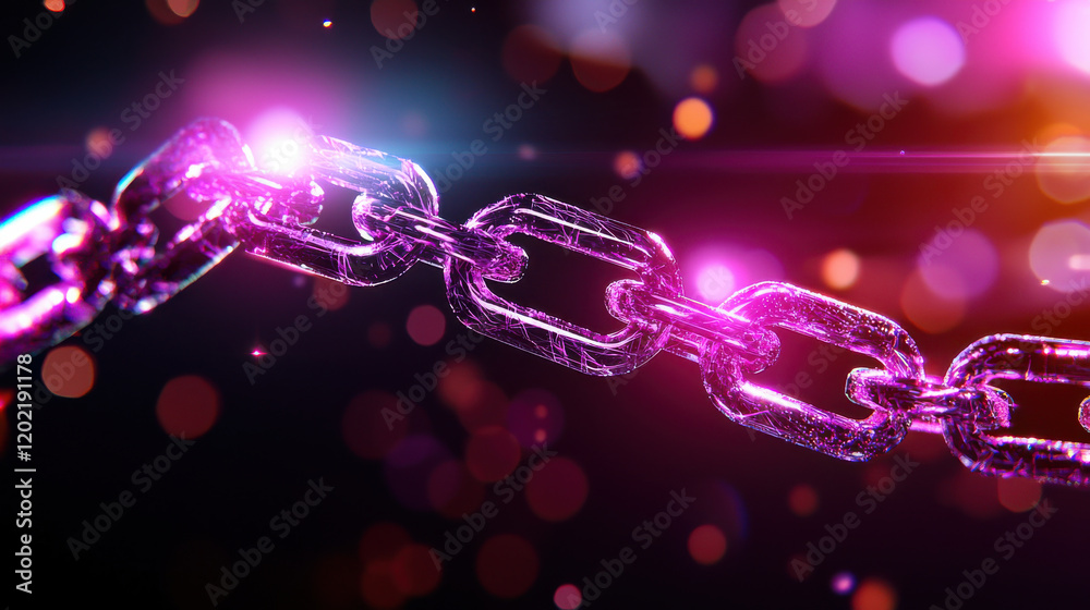 Poster vibrant portrayal of blockchain technology, showcasing interconnected links in colorful, abstract design. glowing chain symbolizes security and innovation in digital transactions