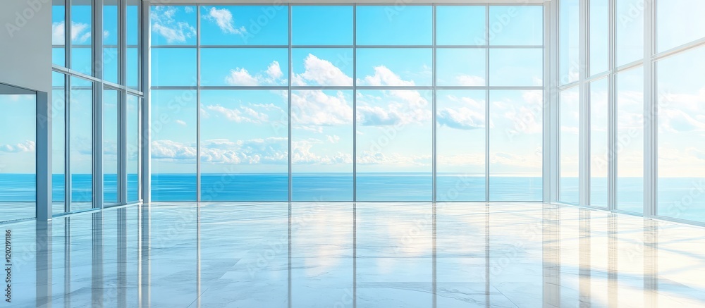 Aufkleber Modern empty interior with large glass windows showcasing ocean view and blue sky, minimalistic design and ample copy space for text.