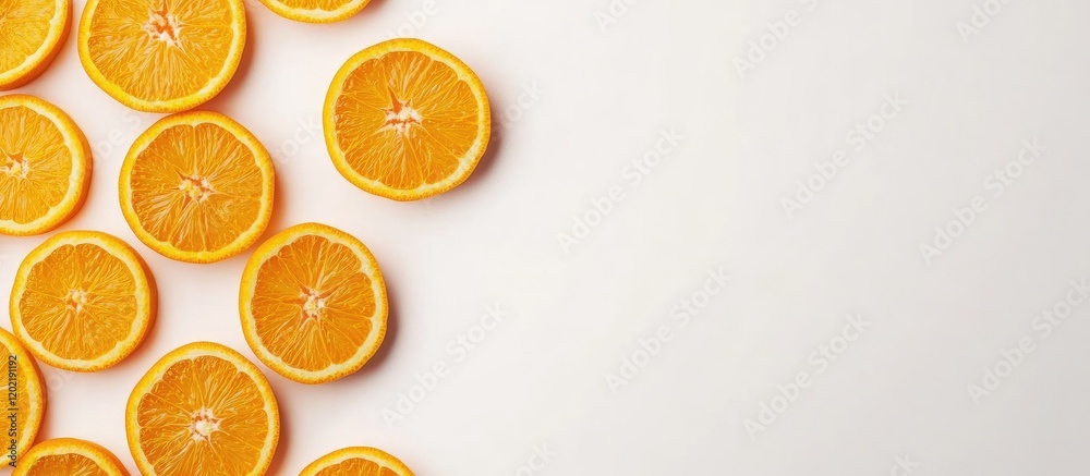 Aufkleber orange slices arranged on a white background with copy space for text placement